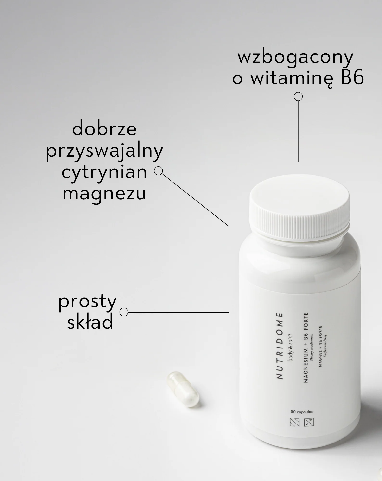 Magnez + B6 Forte cytrynian magnezu na skurcze nóg, łydek, zmęczenie i stres Nutridome 180 kapsułek - Image 2
