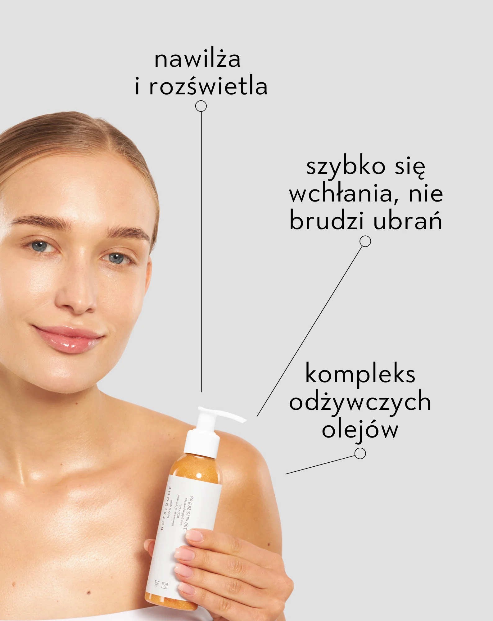 Olejek rozświetlający do ciała z efektem glow z olejem jojoba i olejem arganowym Nutridome - Image 4