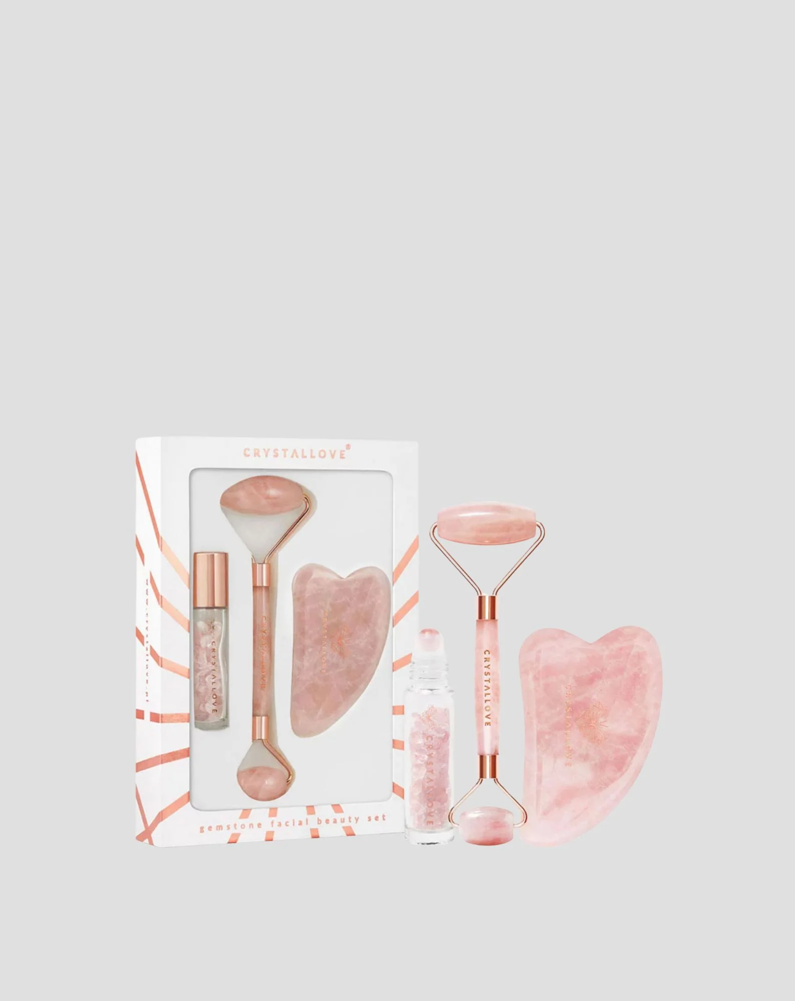 Roller do twarzy + płytka gua sha + buteleczka roll-on Rose quartz beauty set Crystallove