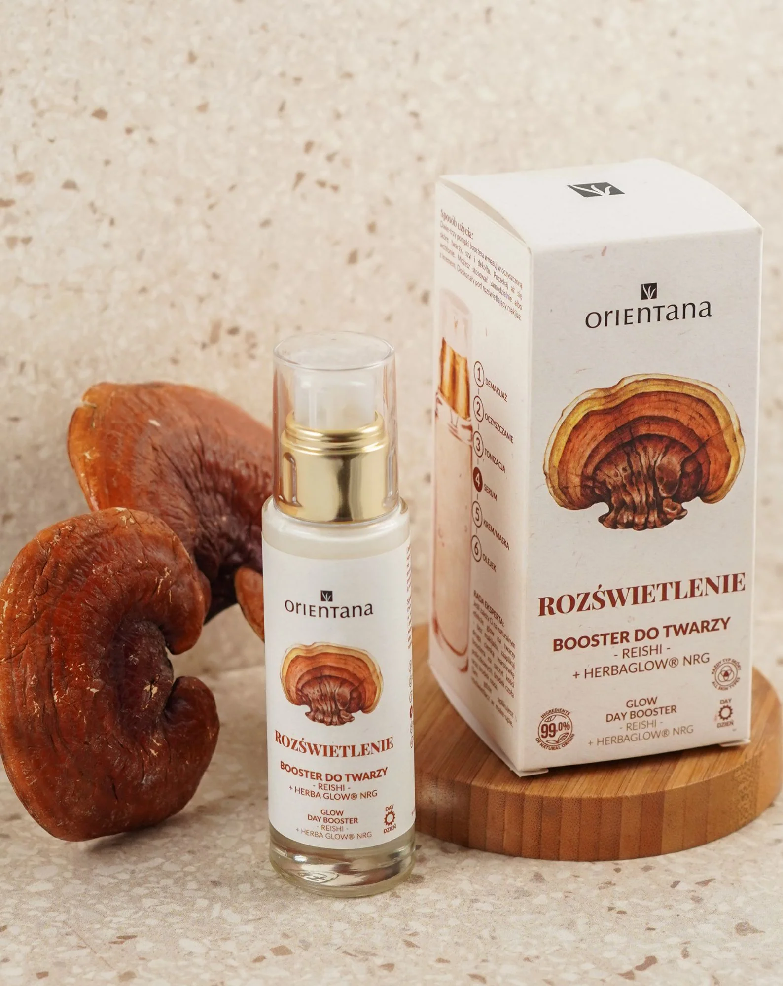 Rozświetlający booster z adaptogenami reishi i różeniec górski Orientana - Image 2