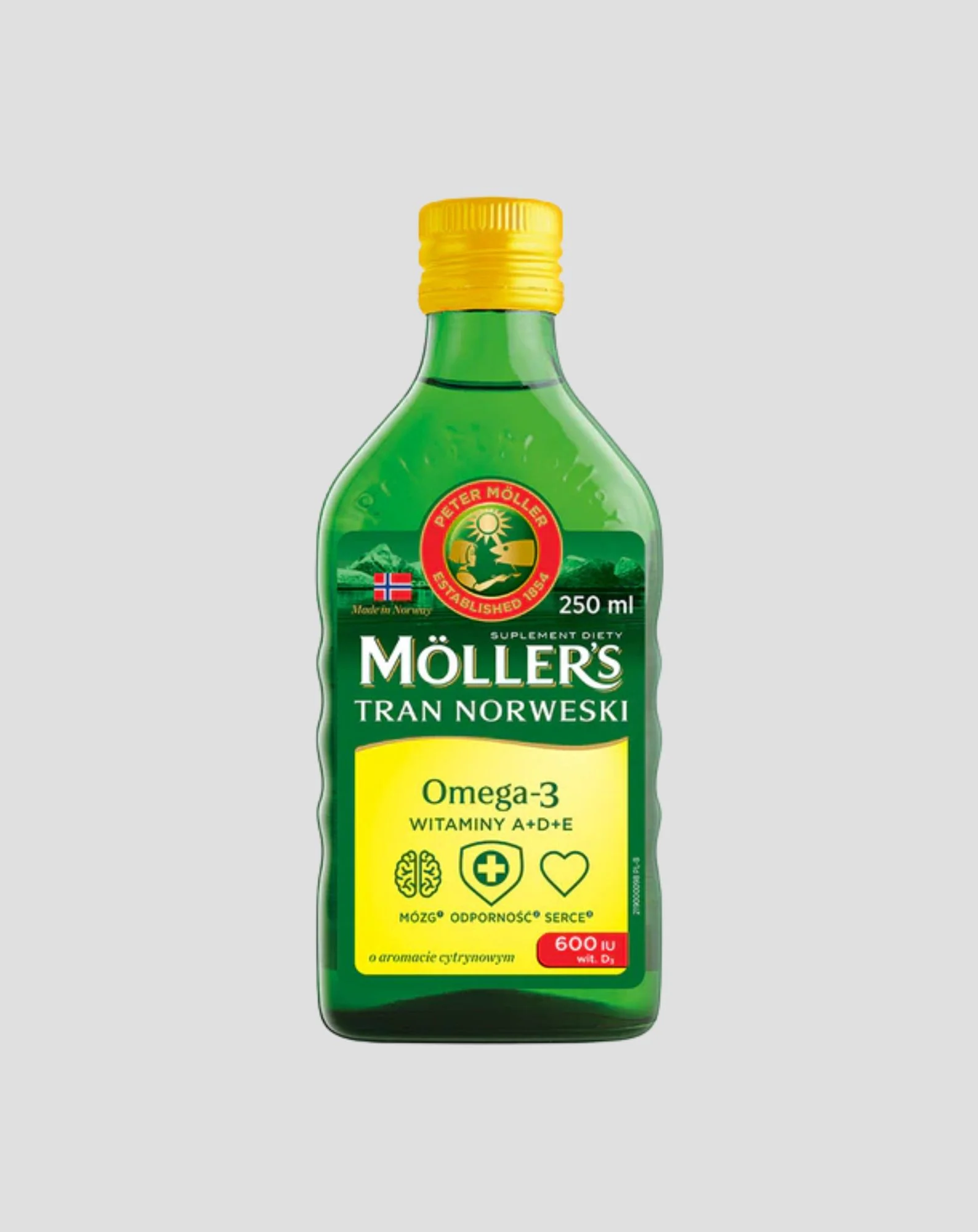 Tran Norweski o aromacie cytrynowym Moller's z 600 IU witaminy D3