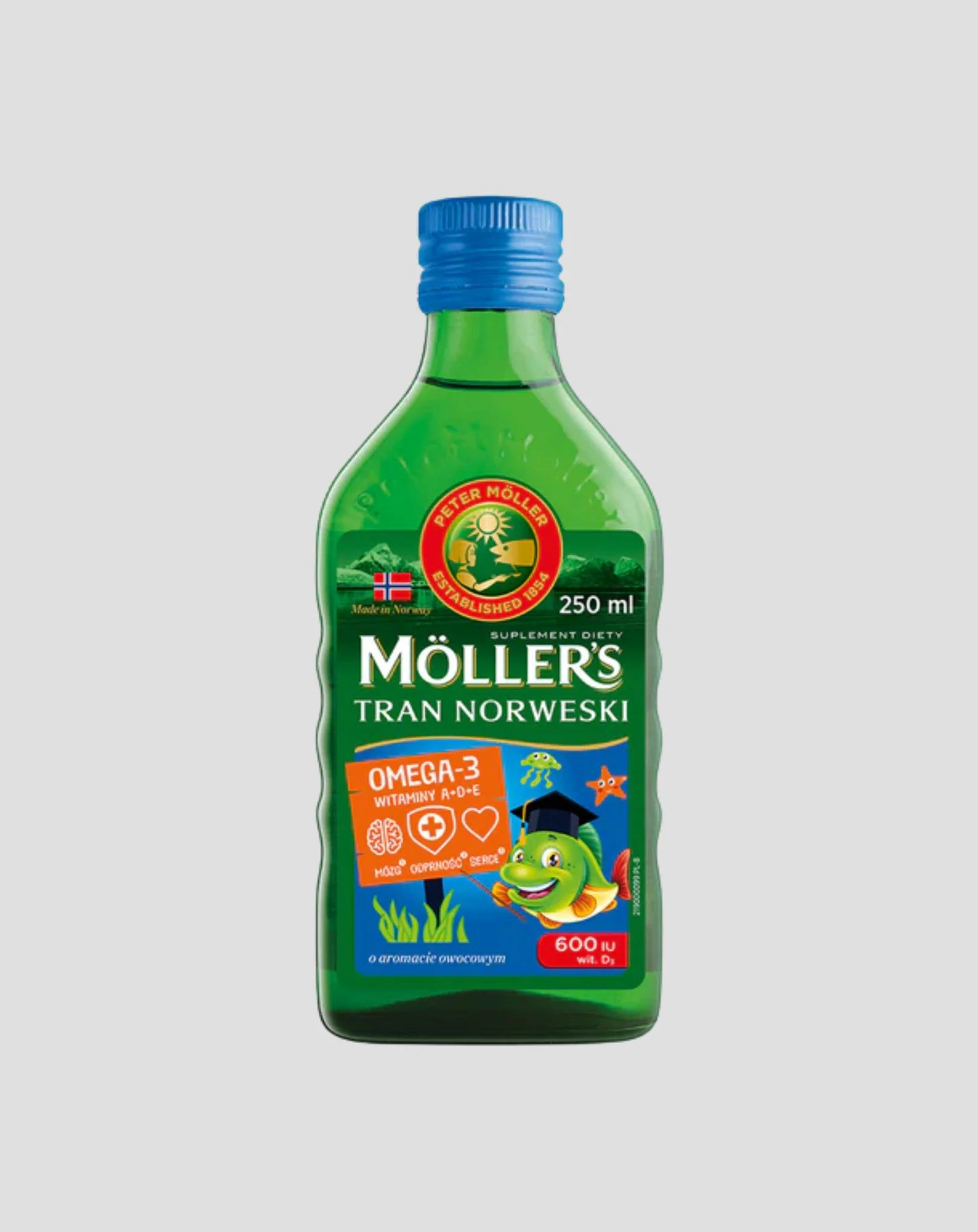 Tran Norweski o aromacie owocowym Moller's z 600 IU witaminy D3