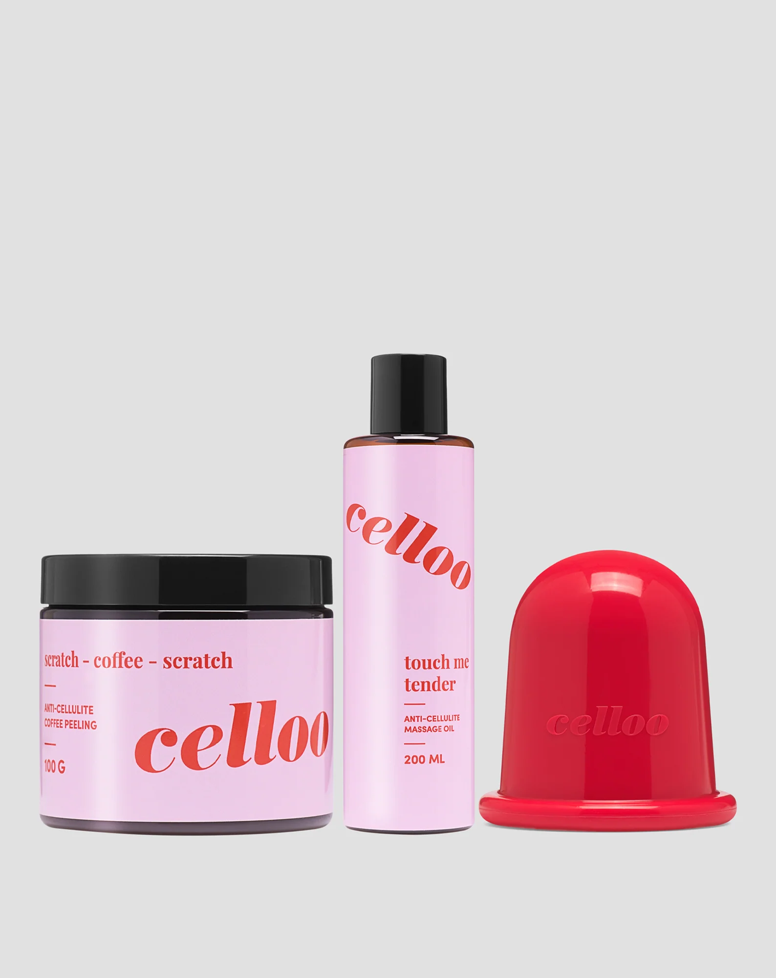 Zestaw peeling, olejek i duża bańka do masażu antycellulitowego Celloo